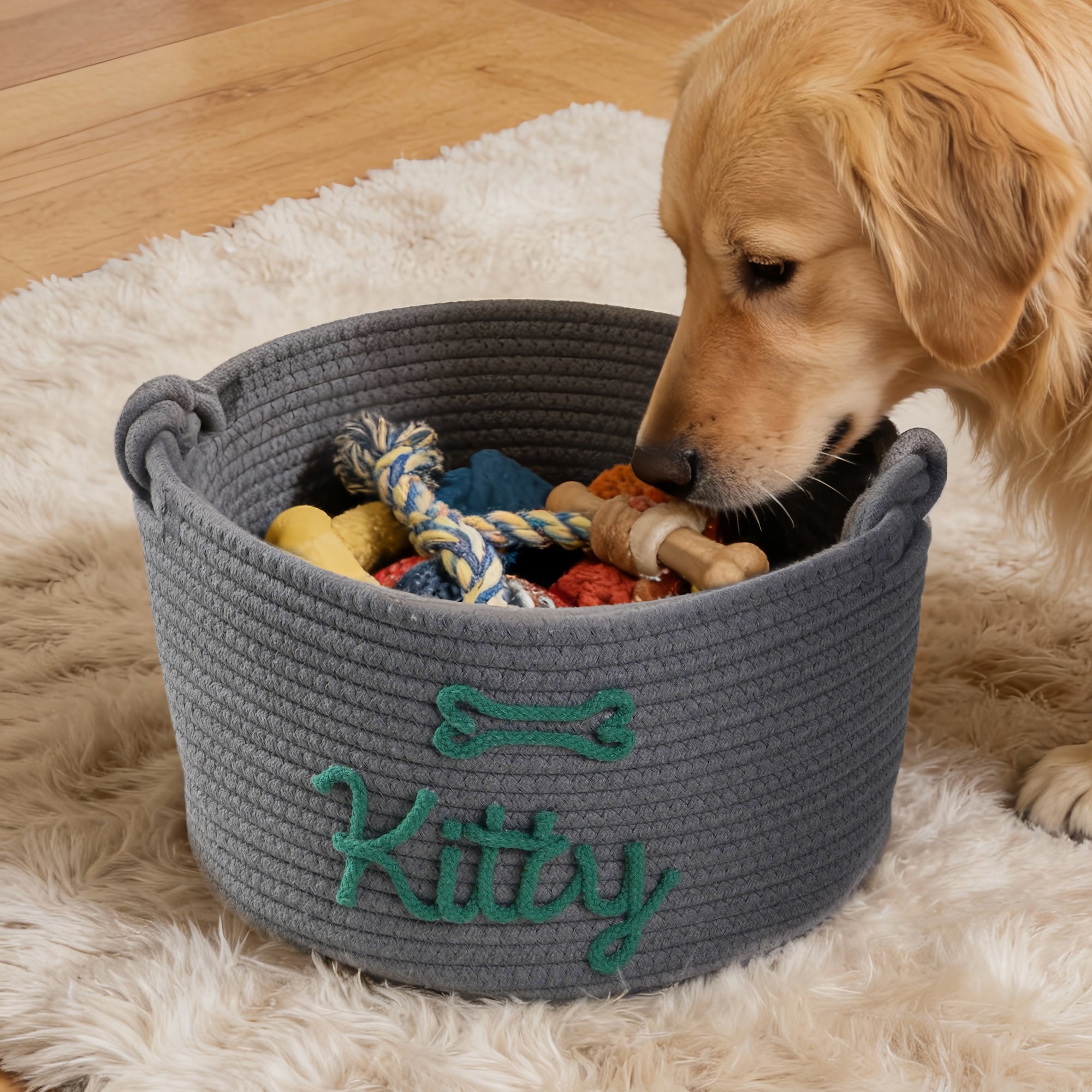 Cesta de Algodón Personalizada con Nombre y Motivo para Juguetes de Perro, Gato, Mascota, Cumpleaños o Aniversario para Amante de Mascota