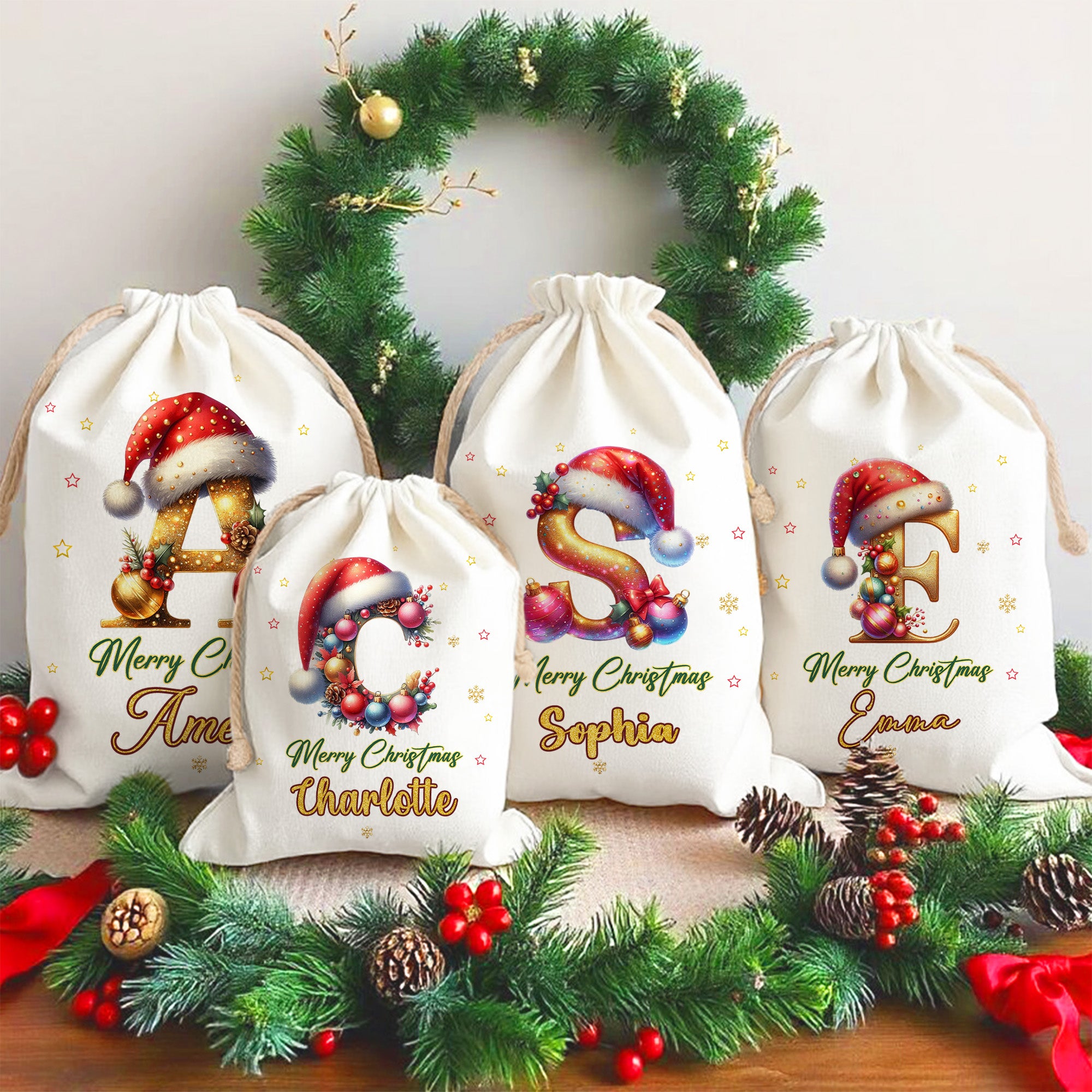 Gorro de Papá Noel personalizado Bolsa de regalo de cordón con iniciales brillantes y nombre Feliz Nochebuena Fiesta de Regalos para Niñas Niños