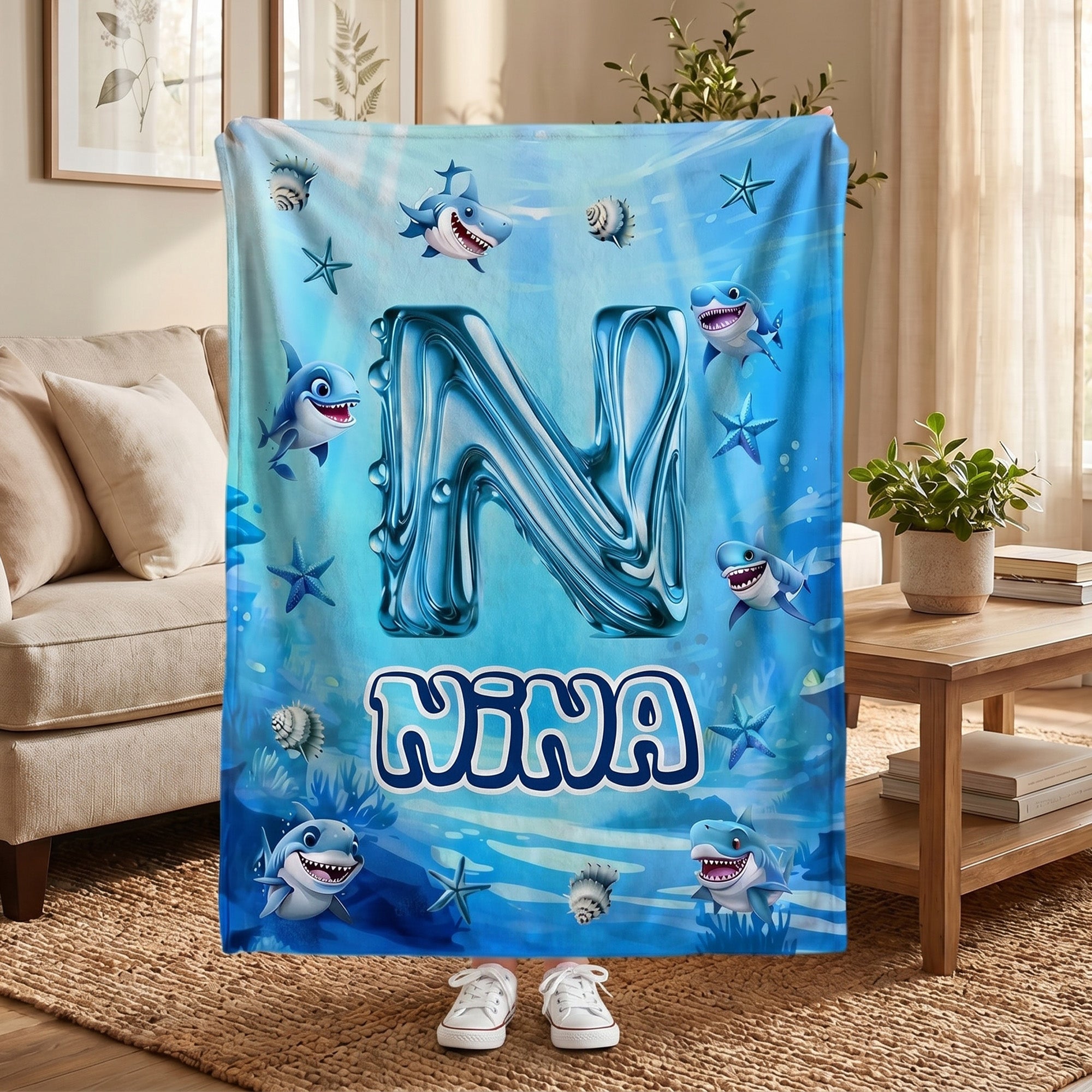 Manta suave personalizada con nombre e inicial de tiburón del océano Decoración del hogar Uso diario Regalo de cumpleaños para niños