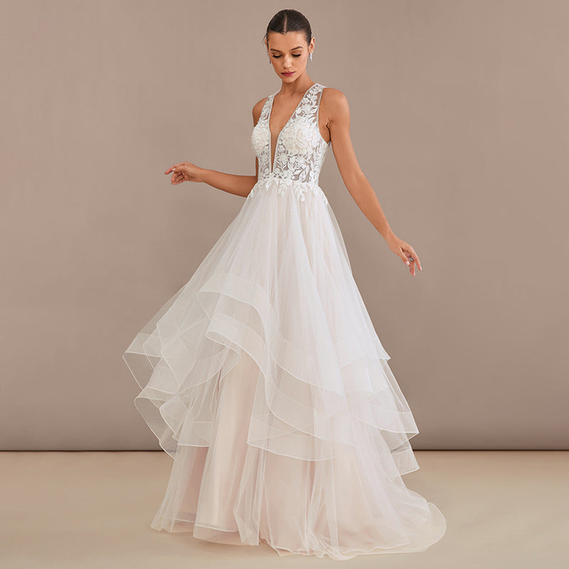 Bridal Wedding Dress Ivory-Nude Sleeveless Long V-Neck A-line