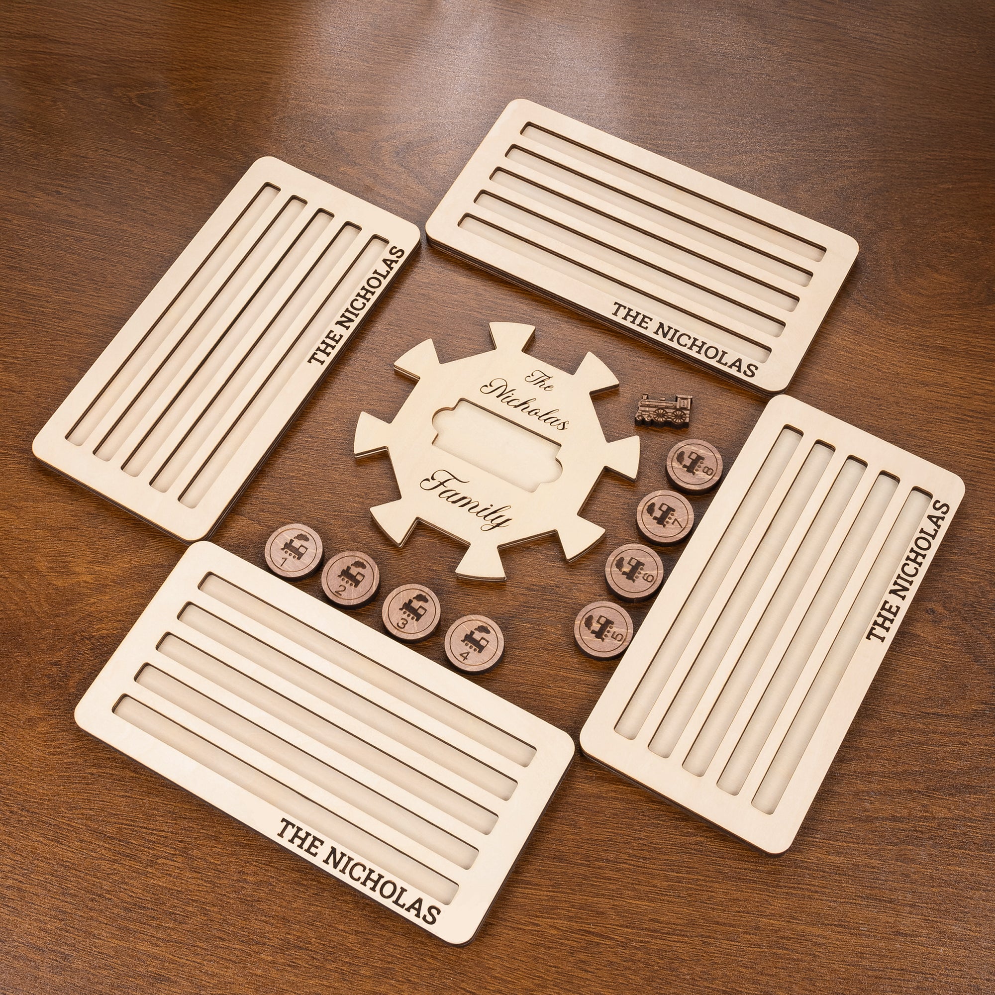 Cubo y soporte de madera personalizado para dominó del tren mexicano - Juego de madera de tilo grabado 11 o 15 soportes, regalo para la familia