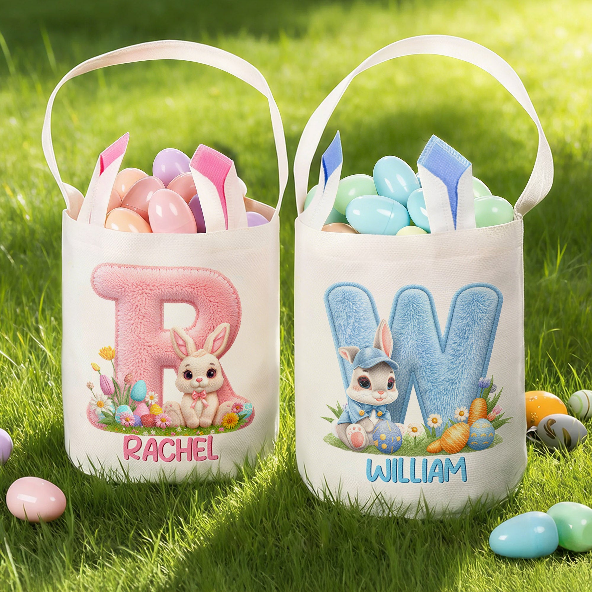 Personalizado lindo conejito orejas cesta de Pascua con el nombre y la inicial de los huevos de caza del partido Favor de Pascua de Regalo para Niños Niñas