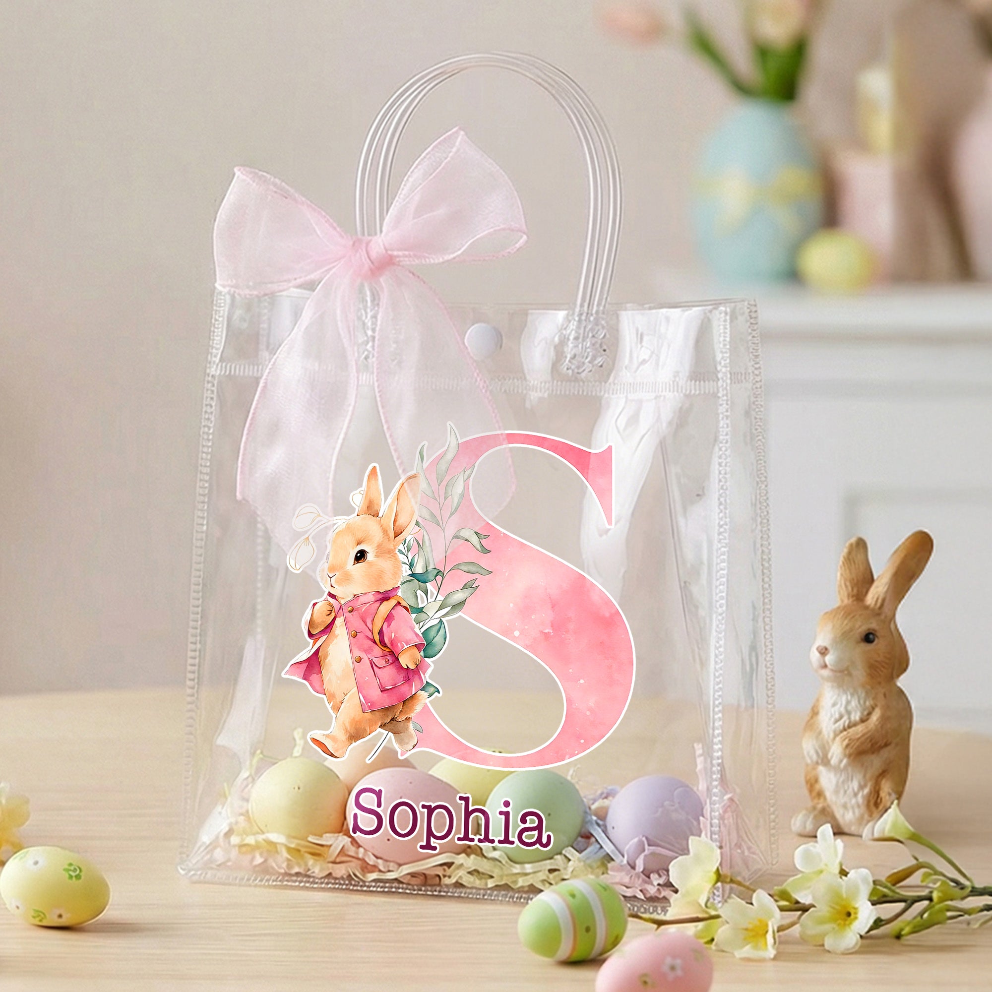 Conejito de Pascua personalizado Bolsa de regalo transparente con nombre e inicial Fiesta de Pascua Regalo para niños