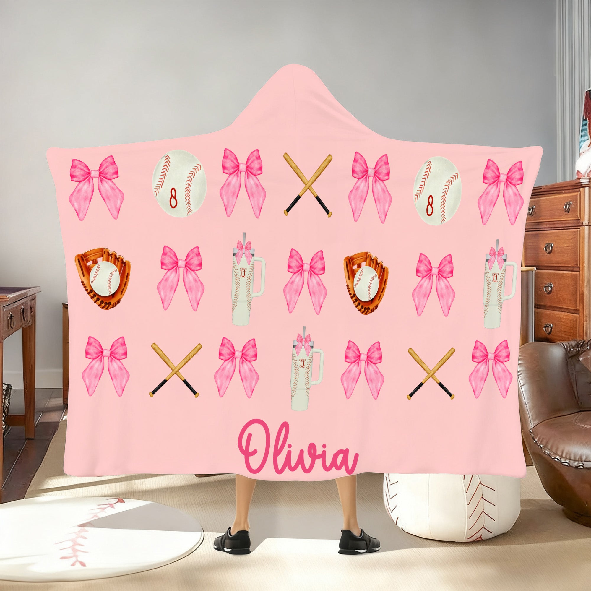 Personalizado Softball Baseball Bow Multicolor Suave manta con capucha con nombre Decoración para el hogar Cumpleaños Día del partido Regalo para chica amante de los deportes