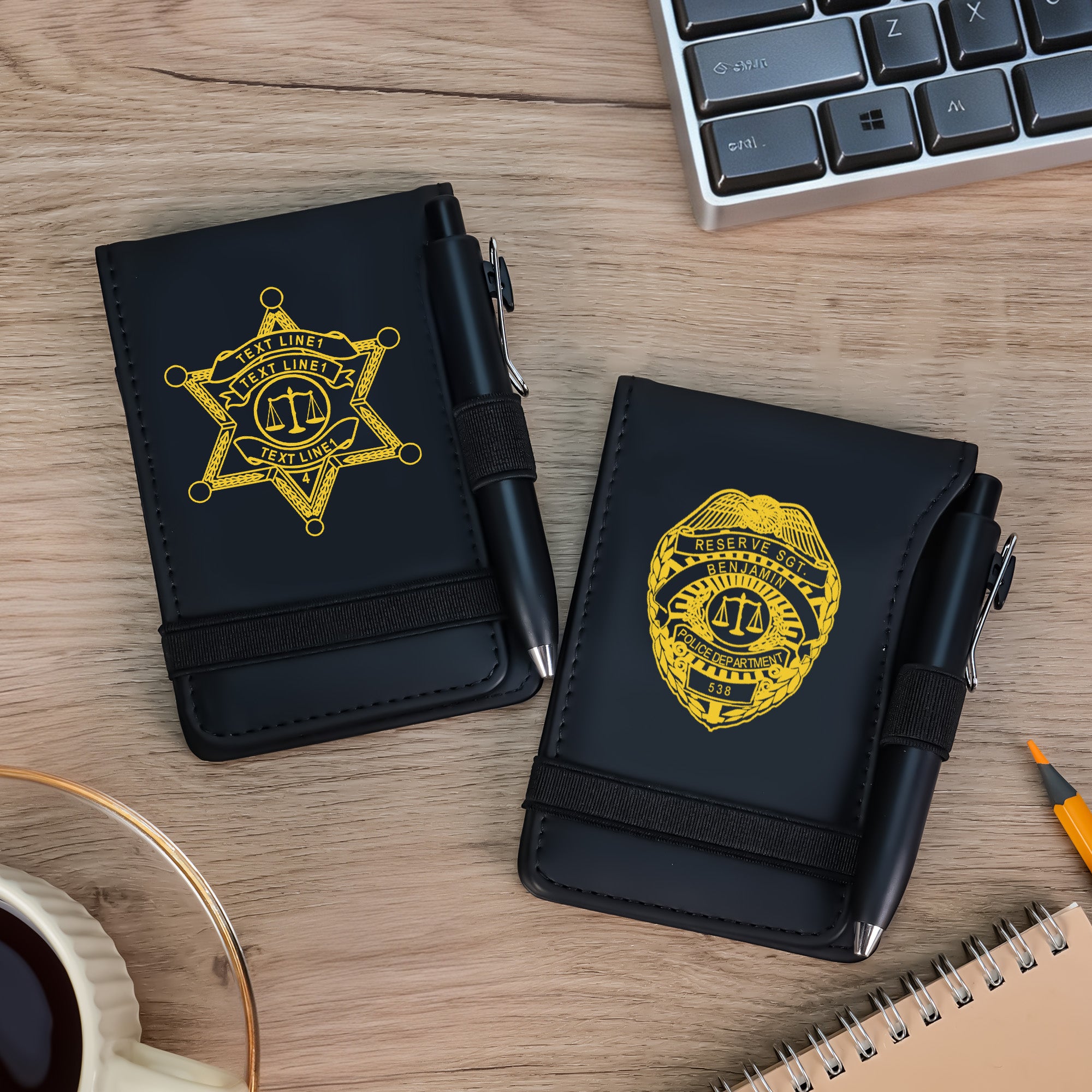 Personalizada de cuero de la PU Sheriff Estrella de Policía Escudo de Aplicación de la Ley Bloc de notas con textos y Bolígrafo Cumpleaños Graduación Jubilación Regalo para oficiales de policía