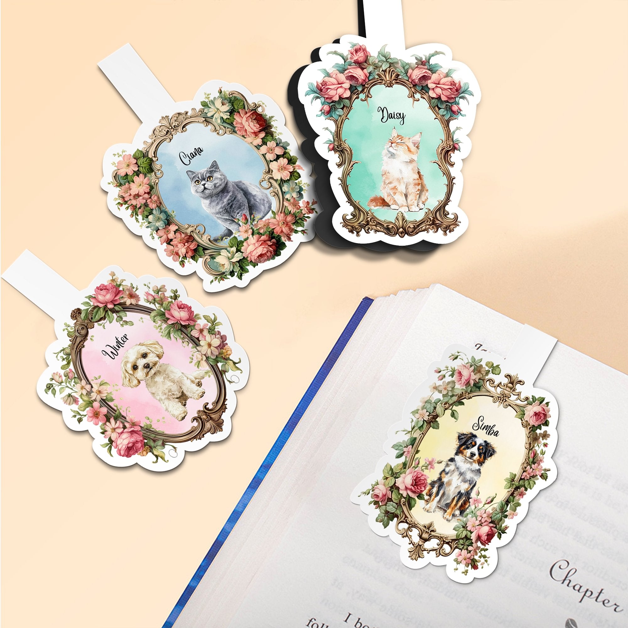 Personalizado Vintage acuarela de dibujos animados perro gato retrato magnético Marcapáginas Clip con nombre de vuelta a la escuela Aniversario de regalo para los amantes de mascotas Bookworm