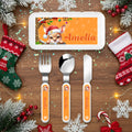 Juego de cubiertos de 3 piezas con nombre para niños: tenedor, cuchara, cuchillo, gorro de Papá Noel, árbol de Navidad, animal de dibujos animados, regalo de Navidad de uso diario para niños