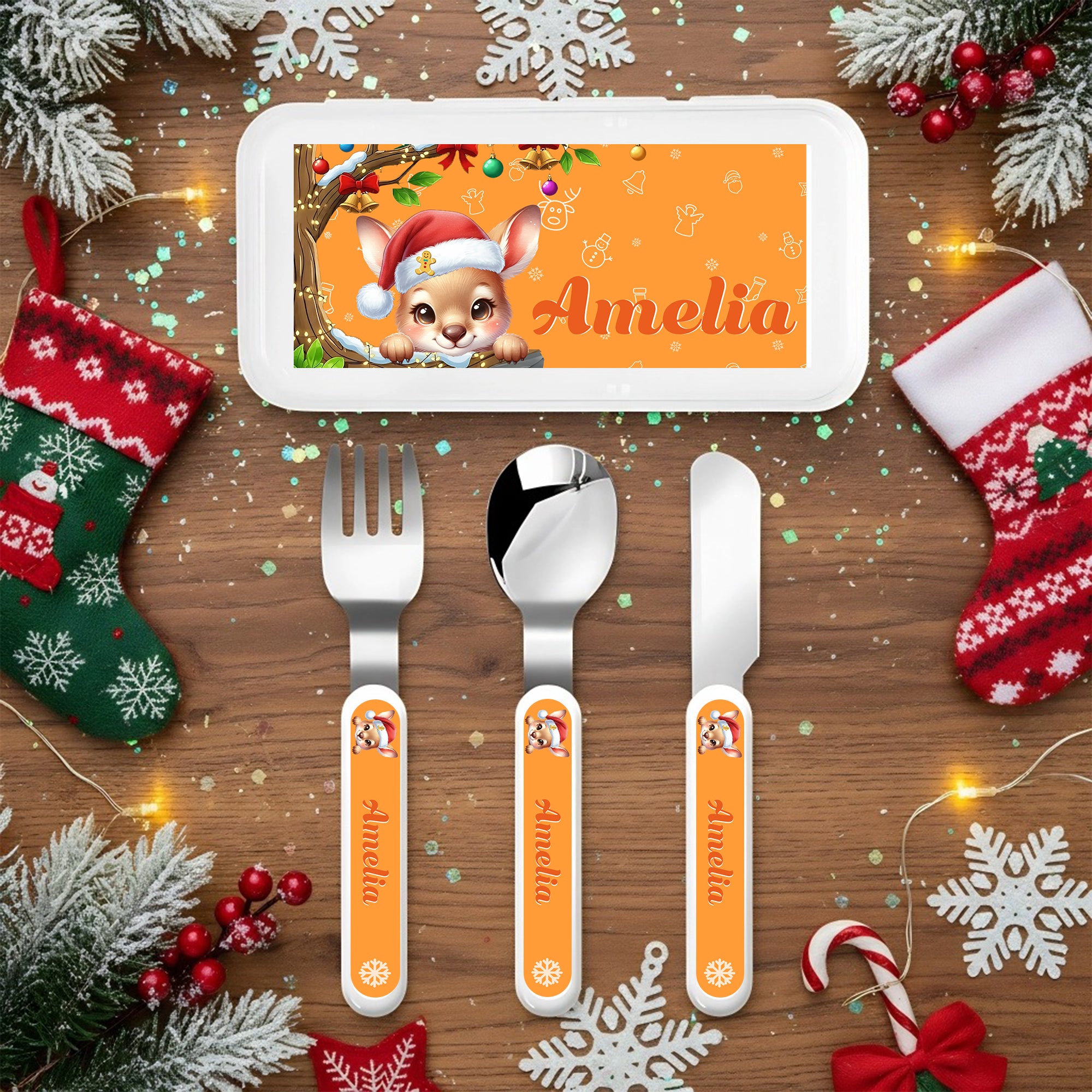 Juego de cubiertos de 3 piezas con nombre para niños: tenedor, cuchara, cuchillo, gorro de Papá Noel, árbol de Navidad, animal de dibujos animados, regalo de Navidad de uso diario para niños