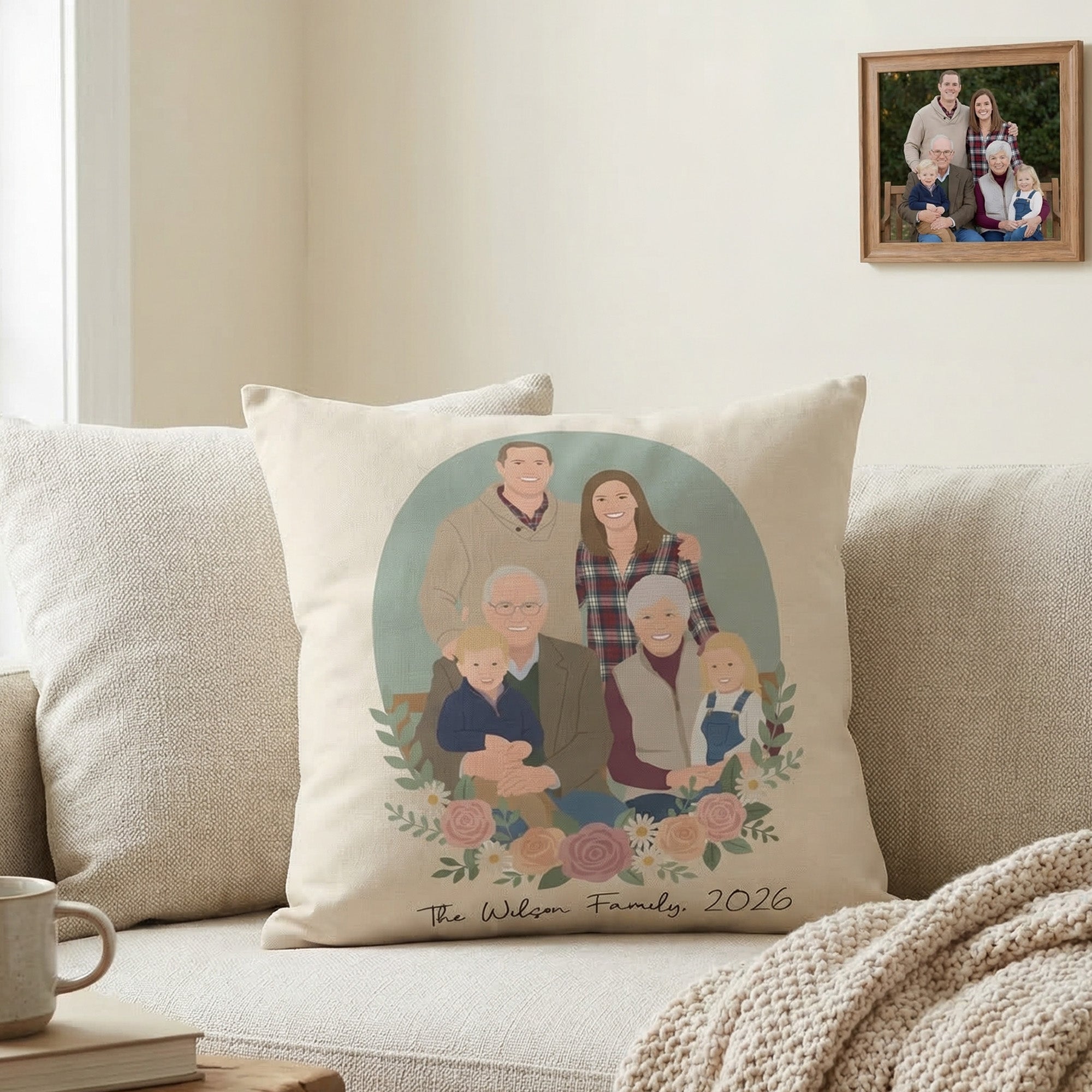 Funda de Almohada Blanda Personalizada con Foto de Grupo Estilo Plano Multicolor con Texto en el Fondo Decoración del Hogar Regalo del Día de la Madre para Mamá Abuela