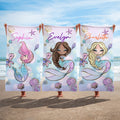 Toalla de playa de gran tamaño de secado rápido con nombre, personalizada, de dibujos animados de una sirena de fantasía marina, para fiestas de verano, viajes y cumpleaños.