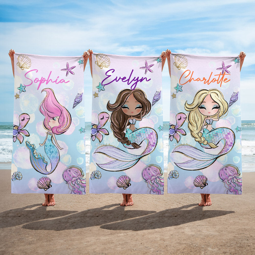 Toalla de playa de gran tamaño de secado rápido con nombre, personalizada, de dibujos animados de una sirena de fantasía marina, para fiestas de verano, viajes y cumpleaños.