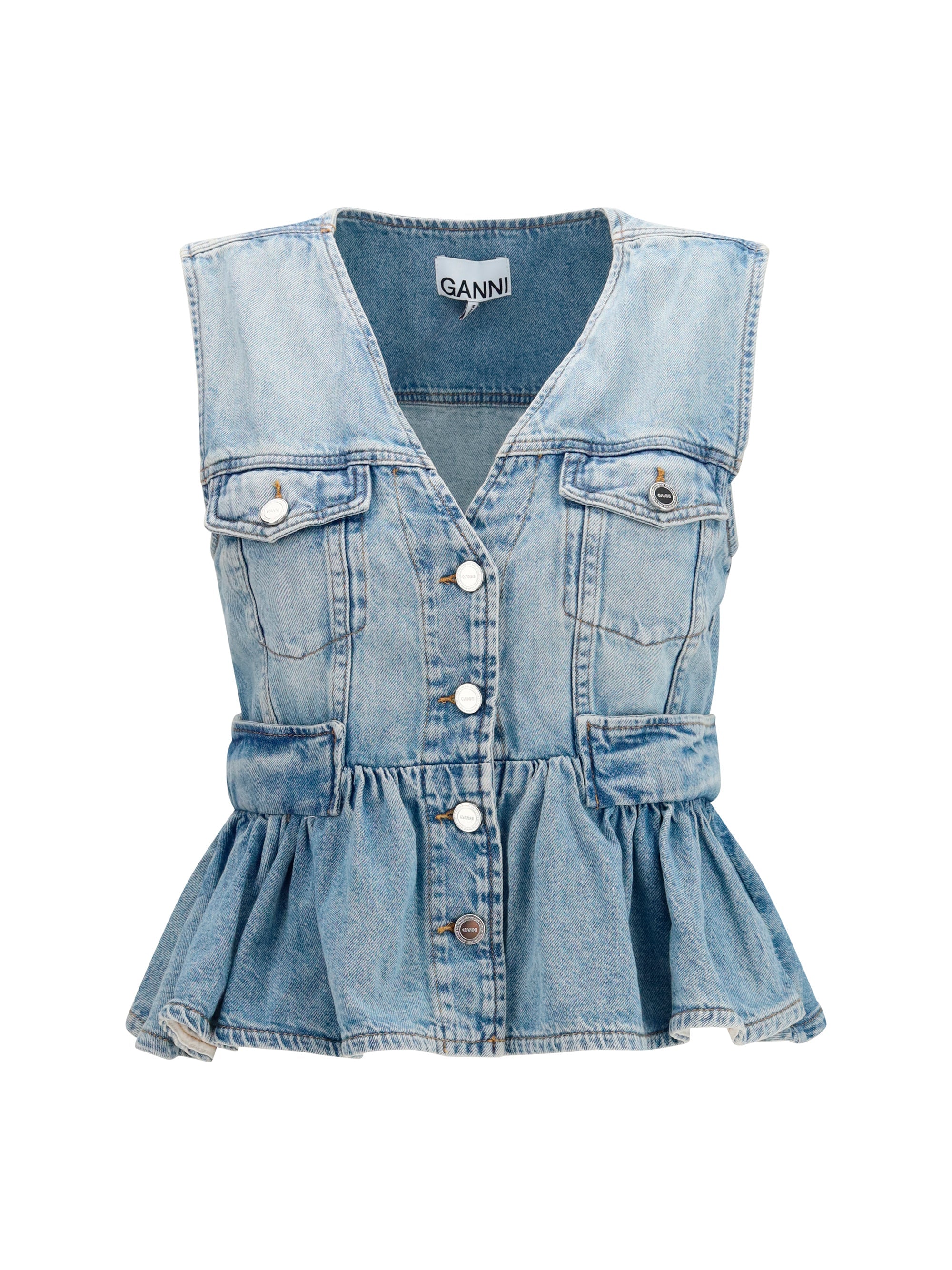 Ganni Peplum Denim Vest — Blue