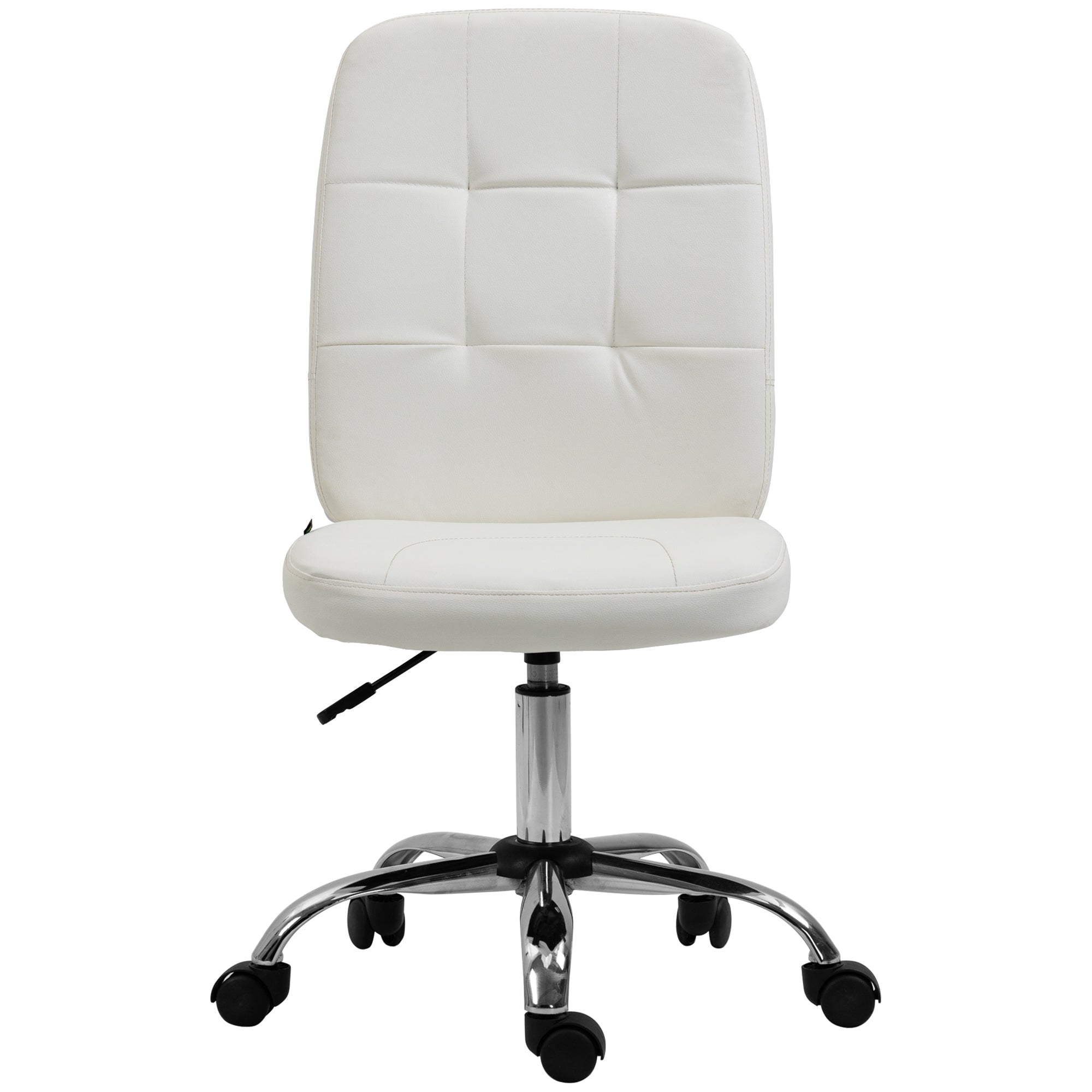 Armless Office Chair, Faux Leather Desk Chair with Adjustable Height, Button Tufted, White