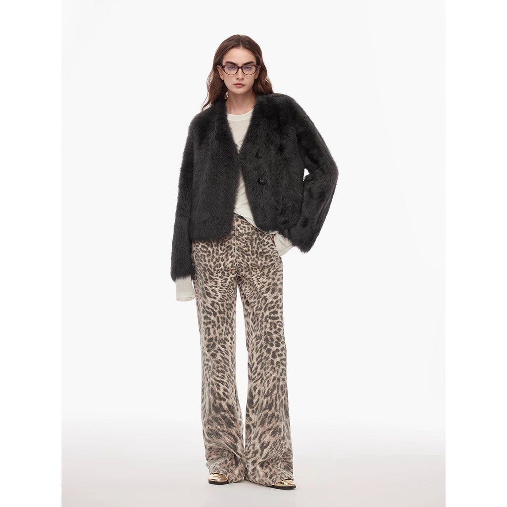 “Wild roar”vintage original leopard print Turkish imported washed slimming straight-leg bootcut jeans