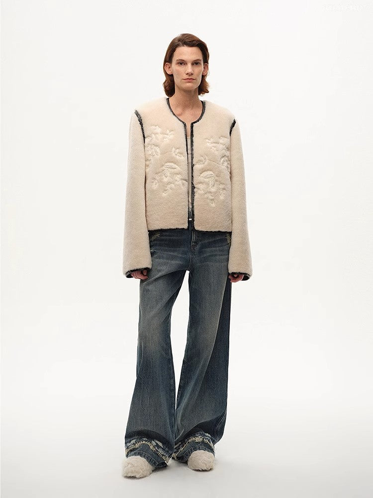 FF×JW Muse Project embroidered round neck short merino wool sheepskin fur coat