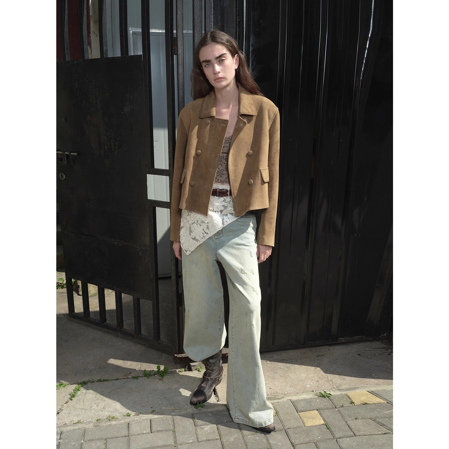 Nth power suede lambskin retro double-breasted lapel wide-shoulder genuine leather jacket imported from New Zealand