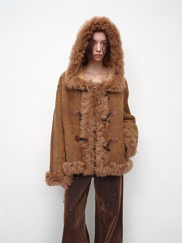 Modern Weekend Drop Shoulder Hooded Merino Wool Sheepskin Fur Coat Winter