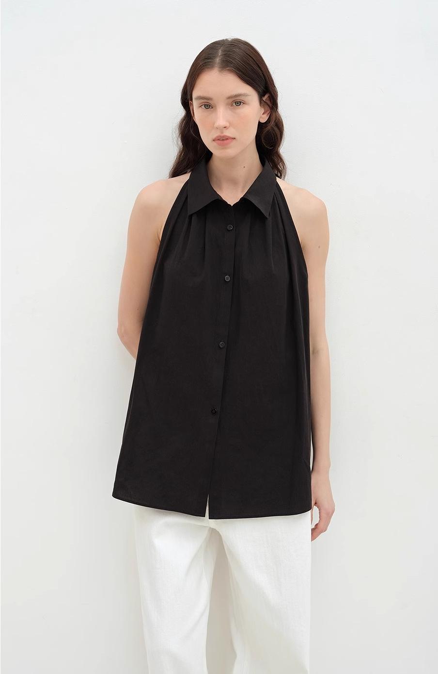 Poland Island imported pure cotton stand-up collar sleeveless striped shirt temperament top for women