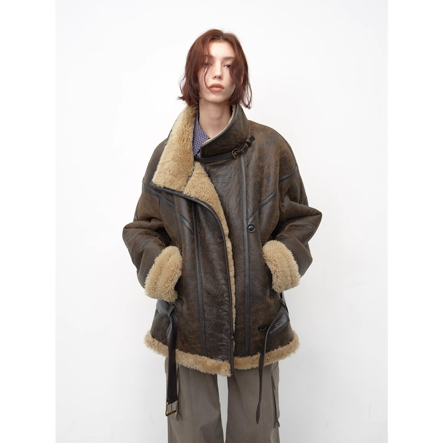 London StreetMotorcycle Style Lapel Imported Merino Fur One-piece Fur Jacket Winter