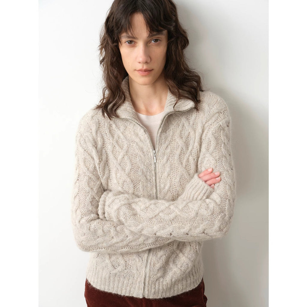 Romantic Cable vintage warm flower basic mohair wool cable blend zipper knitted cardigan