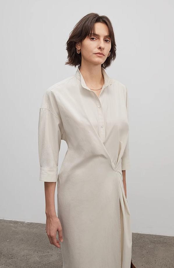 Origami Narrative Stand Collar Wrap Dress Women's Mid Sleeve Shirt Dress Long Dress