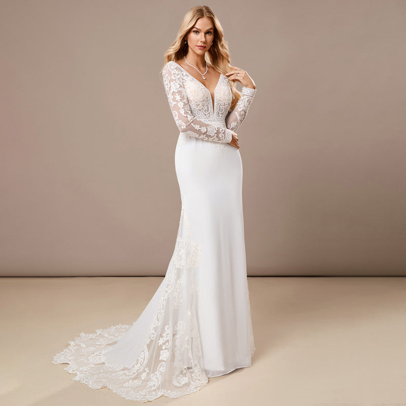 Bridal Wedding Dress Ivory Long Sleeve Long V-Neck Sheath