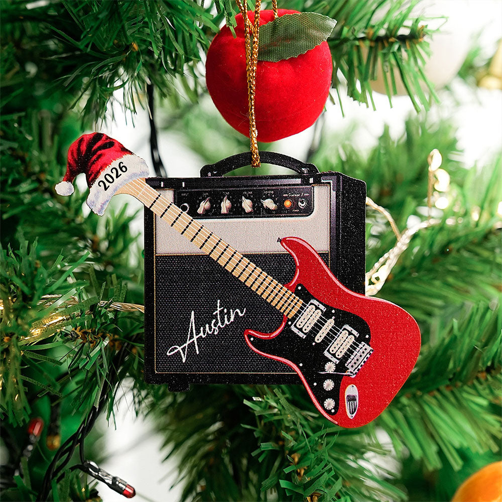 Personalizado 3D Efecto Retro Guitarra Amp Sombrero de Papá Noel Adorno con Nombre y Año Decoración Navideña Regalo para Guitarristas Amantes de la Guitarra