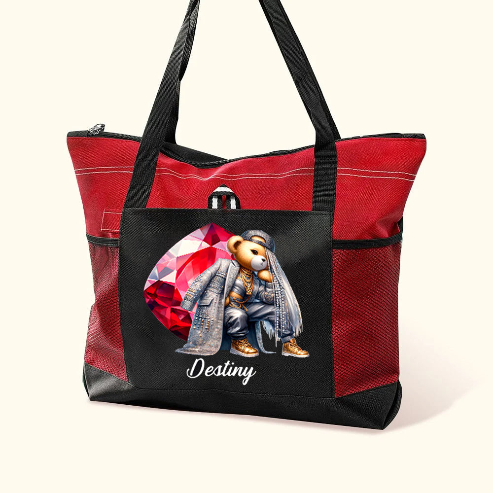 Bolsa de gran capacidad personalizada con el nombre del oso Hip Hop Birthstone Regalo de cumpleaños para los amantes del Hip-Hop Black Queen