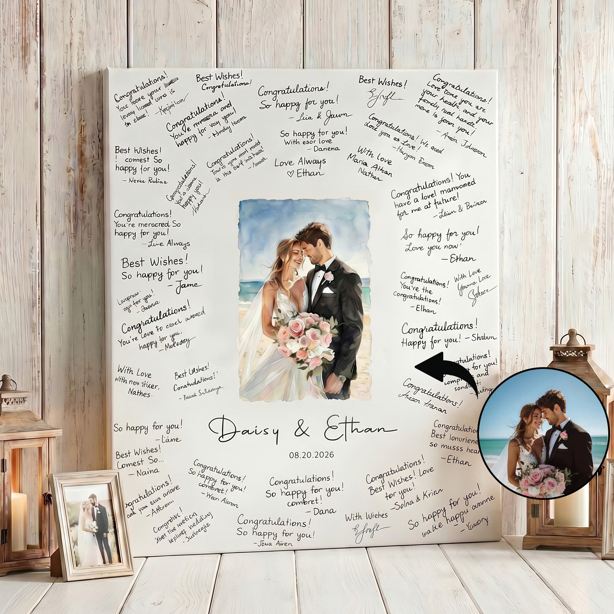 Acuarela personalizada estilo de la boda de fotos Impresiones en lienzo con nombre y fecha Regalo de boda para los recién casado