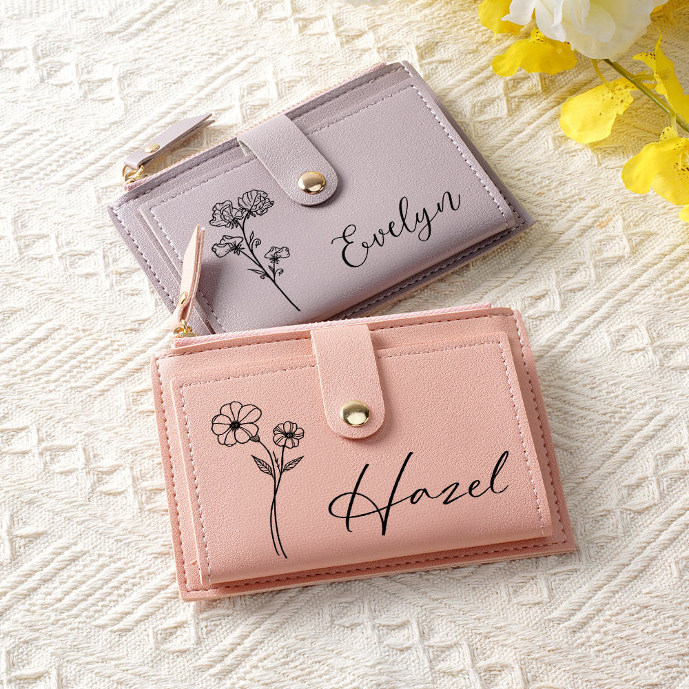 Personalizada Nacimiento Flor PU Cartera de cuero portátil con nombre y titular de la tarjeta de boda cumpleaños aniversario de regalo para las mujeres