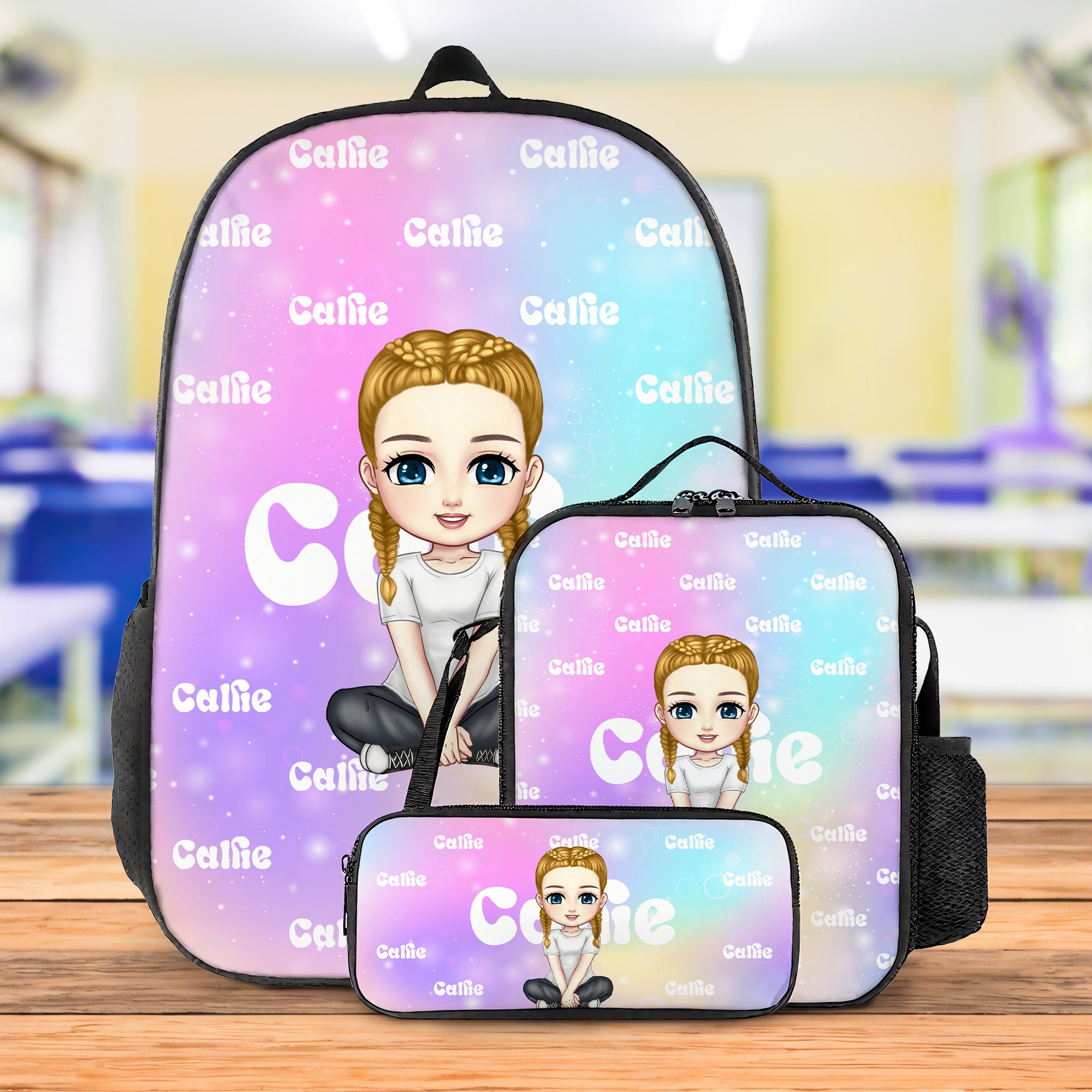 Personalizado Gradient Color Cartoon Nombre del personaje Mochila Bolsa de almuerzo Estuche con nombre de vuelta a la escuela Regalo de cumpleaños para niños Niñas