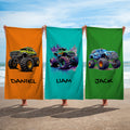 Toalla de playa de secado rápido, suave y colorida, personalizada, con nombre, para niños, adolescentes y amantes de los camiones.