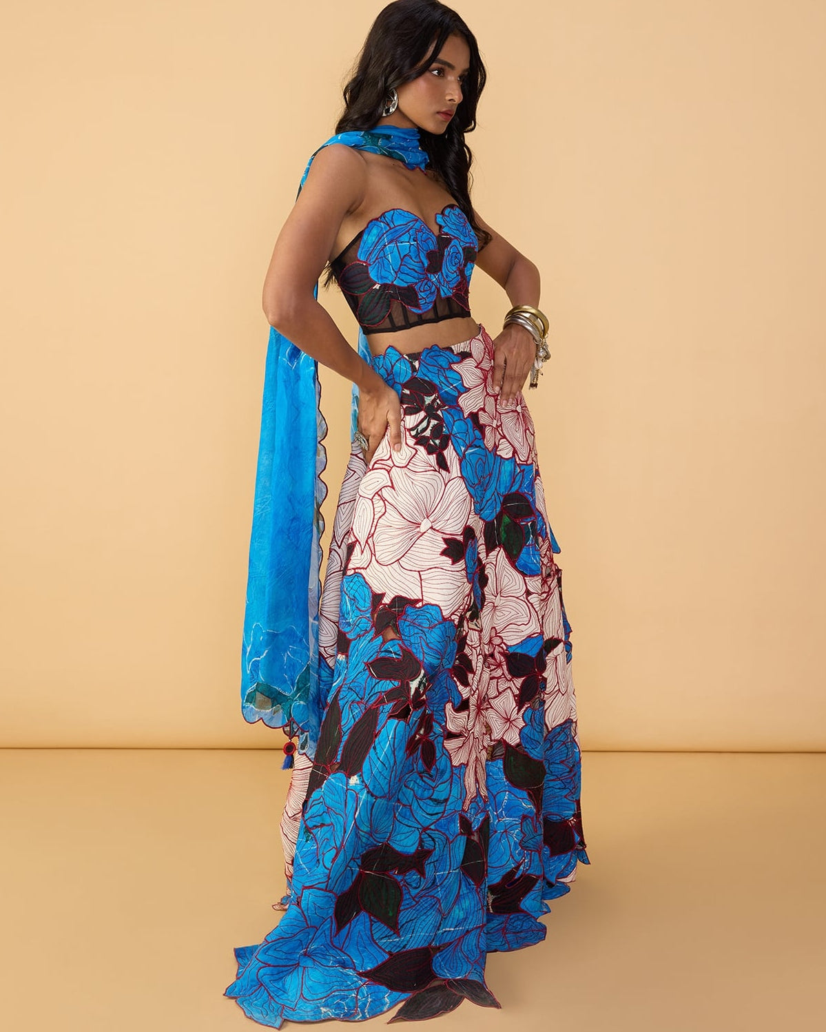 Starla Corset Blouse & Sachi Lehenga Skirt With Scallop Dupatta By KYNAH, Luxury Indian Fashion & Bridal Wear