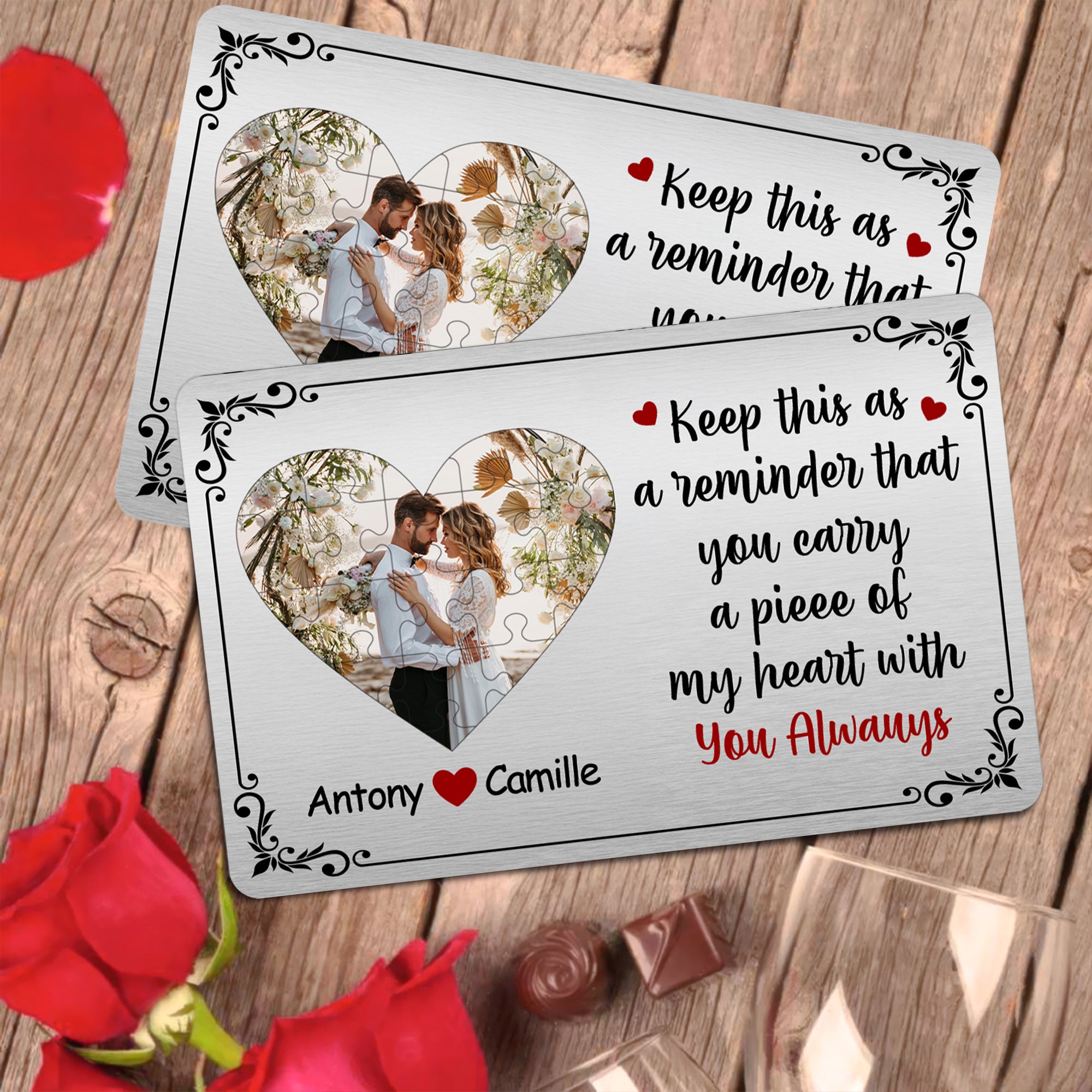 Personalizada Keep This As A Reminder Puzzle Style Heart Photo Wallet Card with Names Anniversary Valentine's Day Gift for Couple Boyfriend Husband