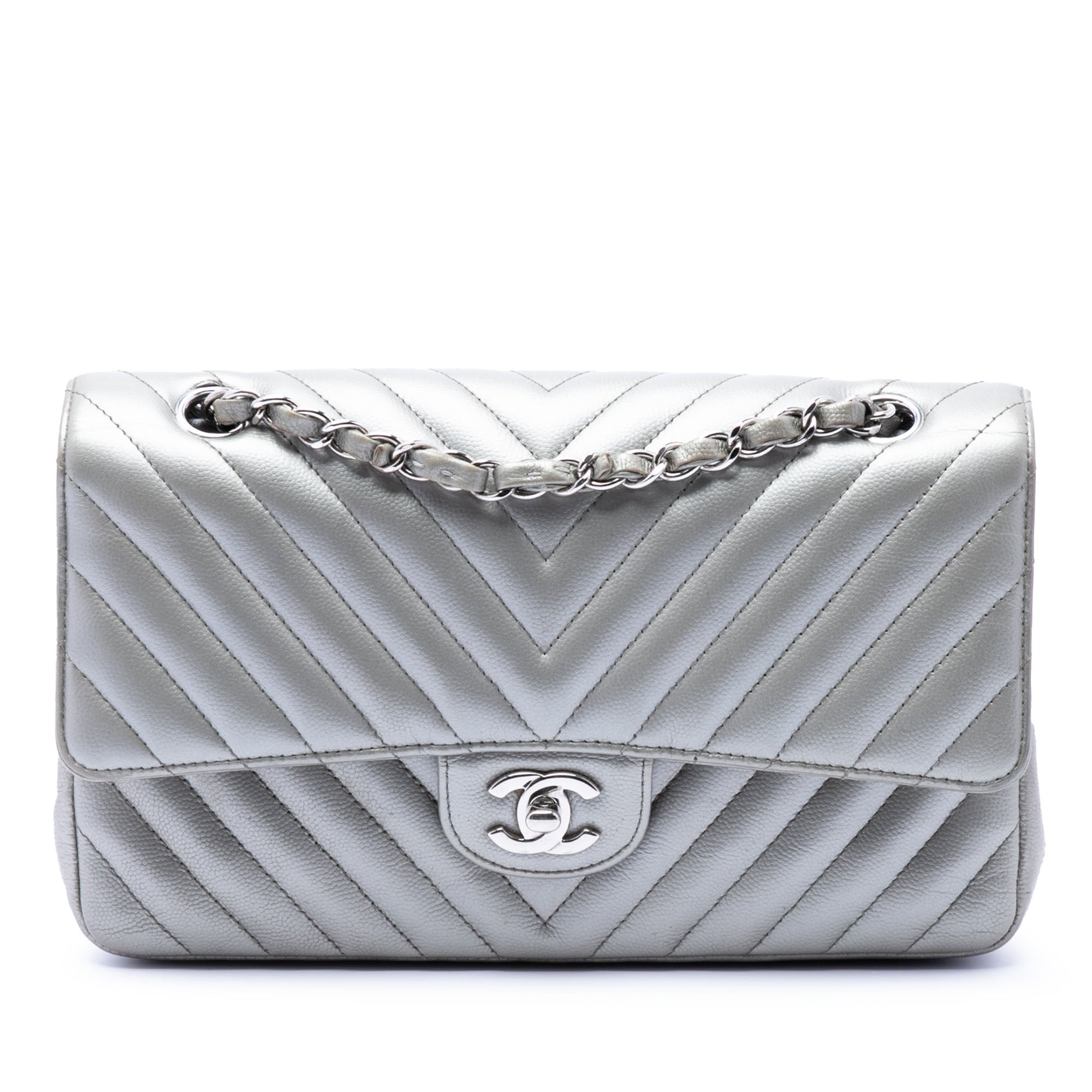 Medium Classic Chevron Metallic Caviar Double Flap