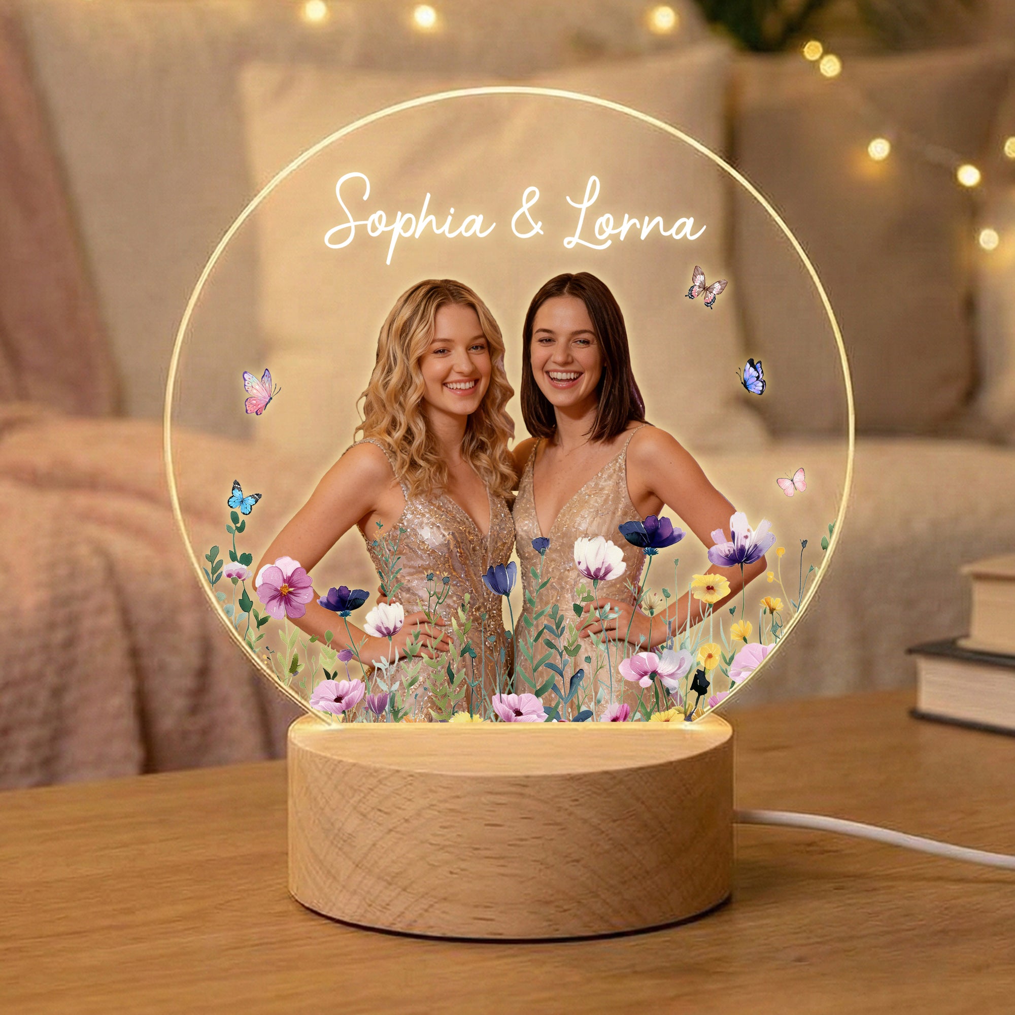Personalizada Flor Mariposas Foto LED Acrílico Luz de Noche Decoración de Escritorio Cumpleaños Aniversario Regalo para Besties Hermanas