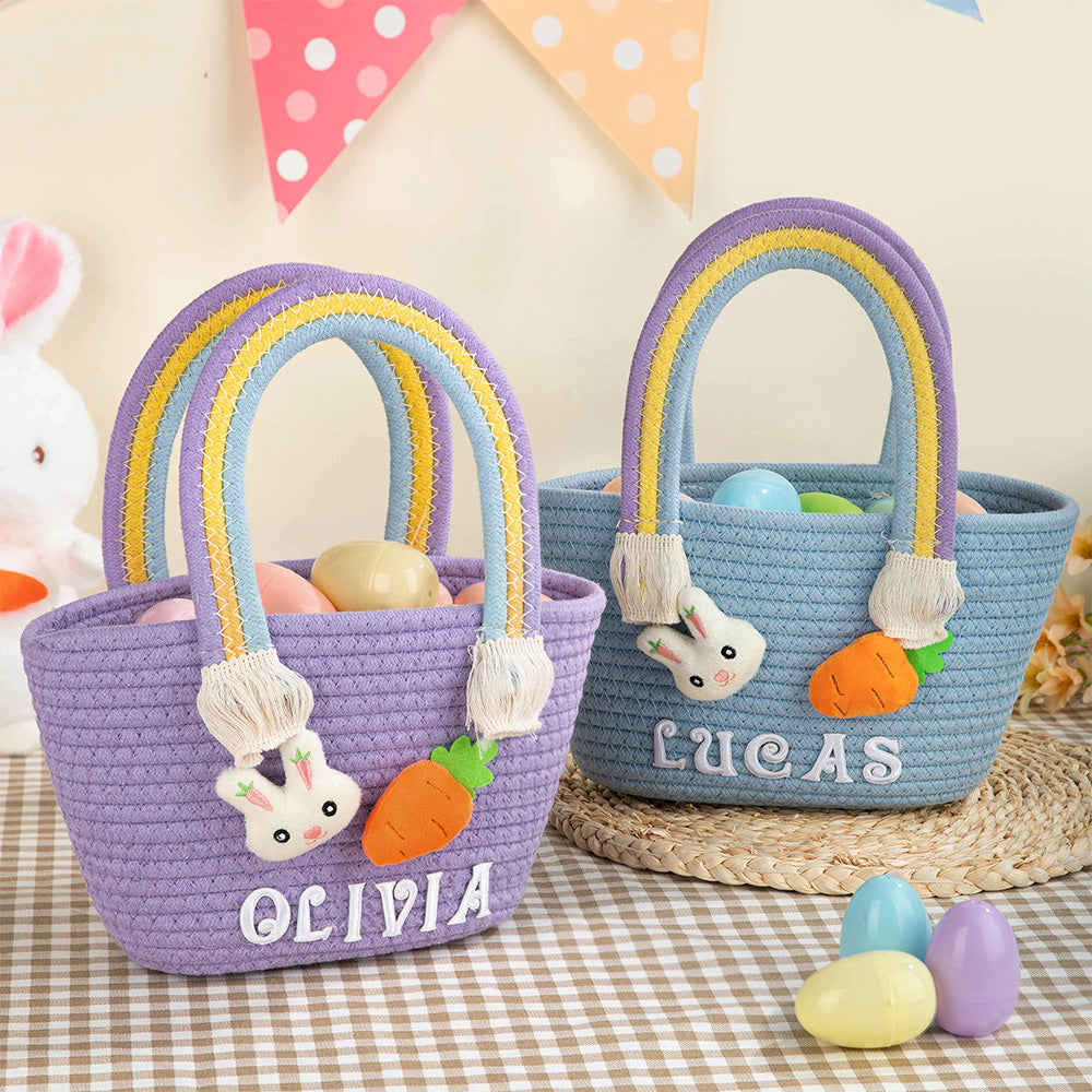Cesta tejida de algodón personalizada con nombre diseño conejo de Pascua y zanahoria lindo regalo de Pascua para niños