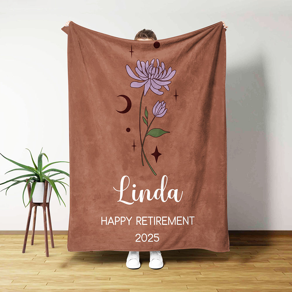 Personalizada Flor del Zodiaco Suave manta con nombre y texto Decoración del hogar Jubilación Nuevo comienzo Regalo para jubilados Colegas