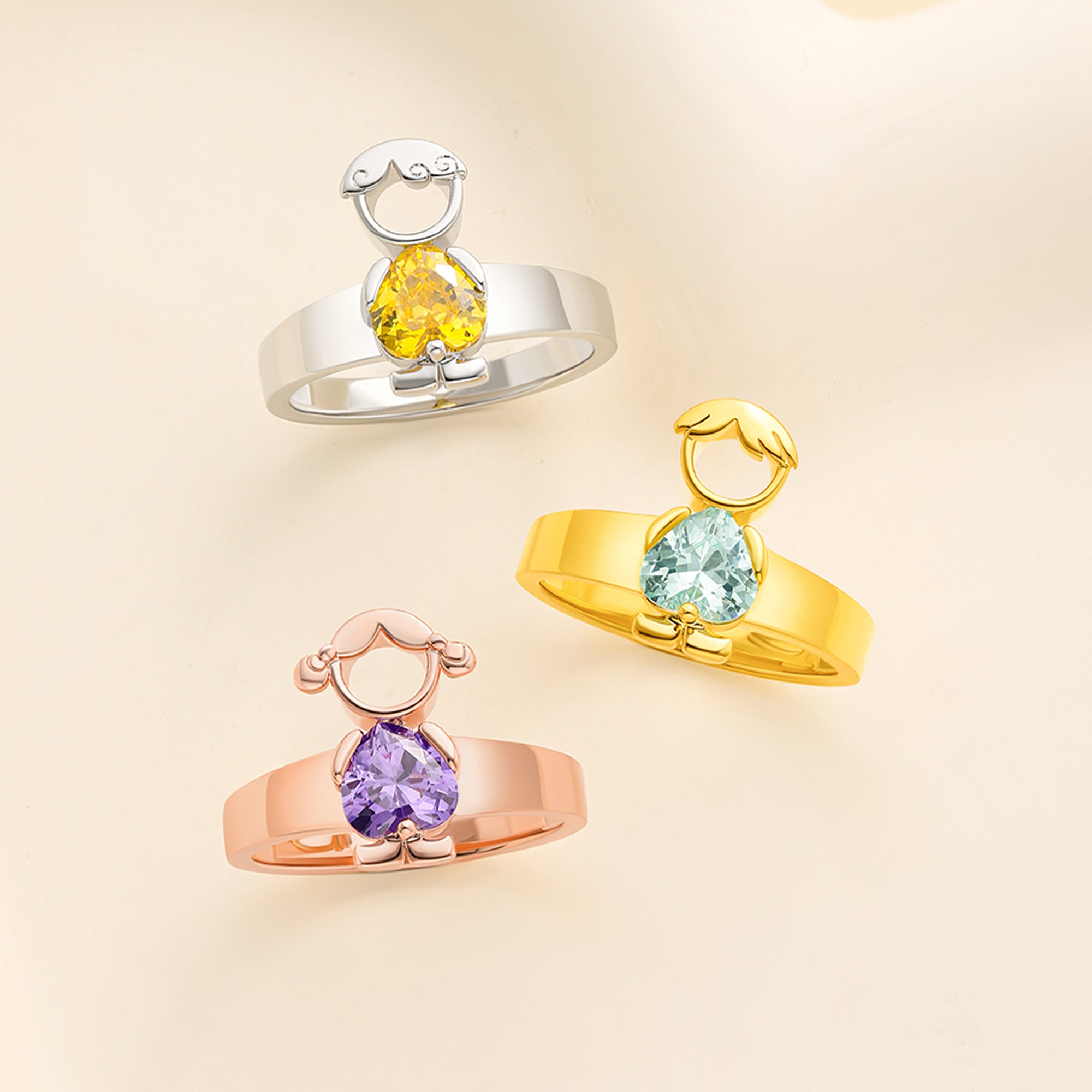 Personalizado Cute Boy Girl Charm Heart-Shaped Birthstone Ring Día de la Madre Birthday Anniversary Gift for Mother Grandmother