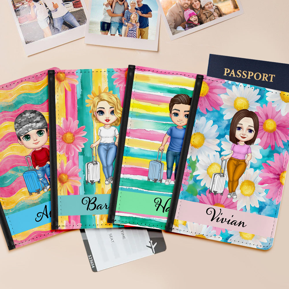 Personalizada acuarela floral de dibujos animados de viaje de cuero de la PU titular del pasaporte con el nombre de cumpleaños de verano de vacaciones de regalo para la familia