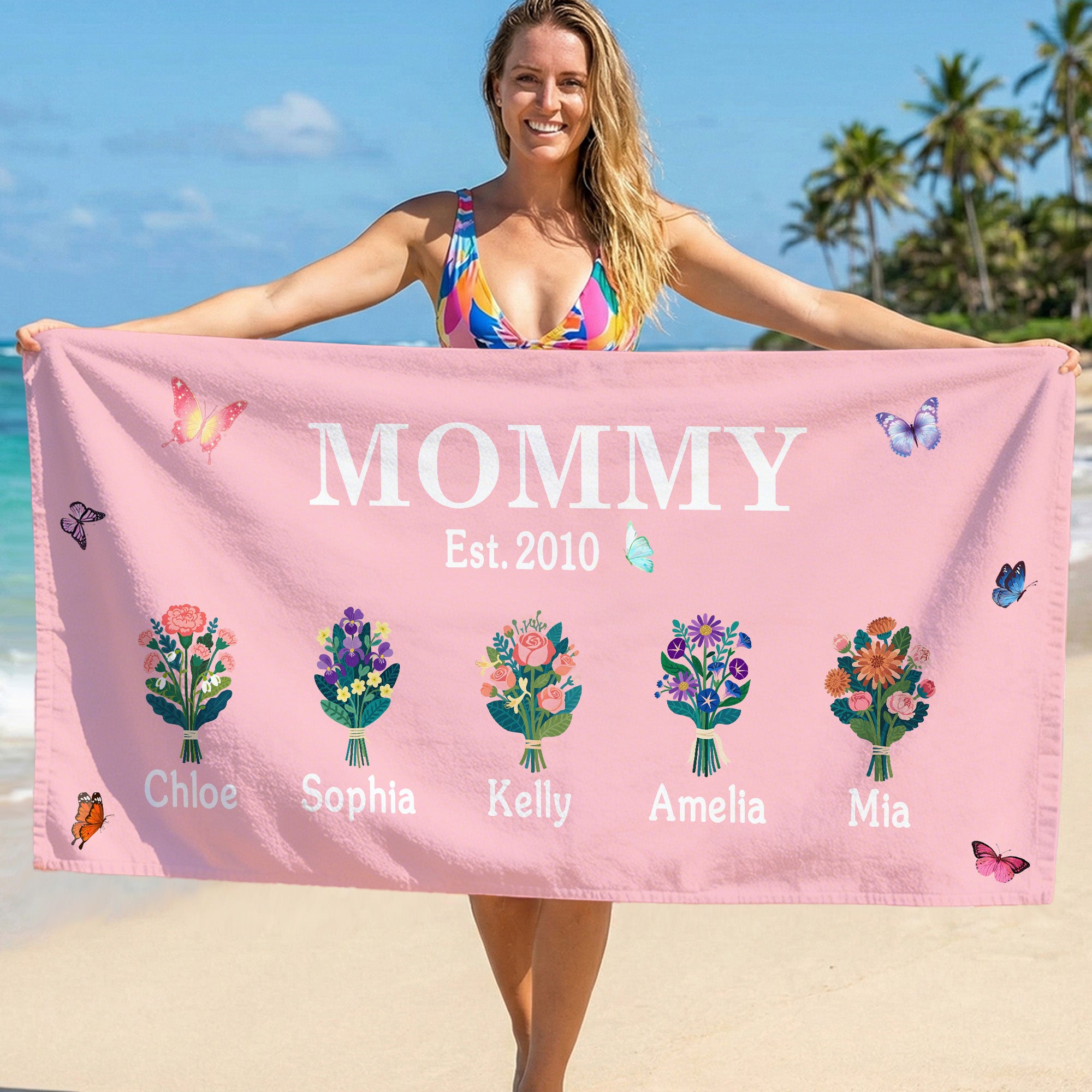 Personalizada 1-8 Nacimiento Flores Mariposas Secado rápido Toalla de playa de gran tamaño con nombre Fiesta en la playa Uso Cumpleaños Día de la Madre Regalo para mamá Abuela