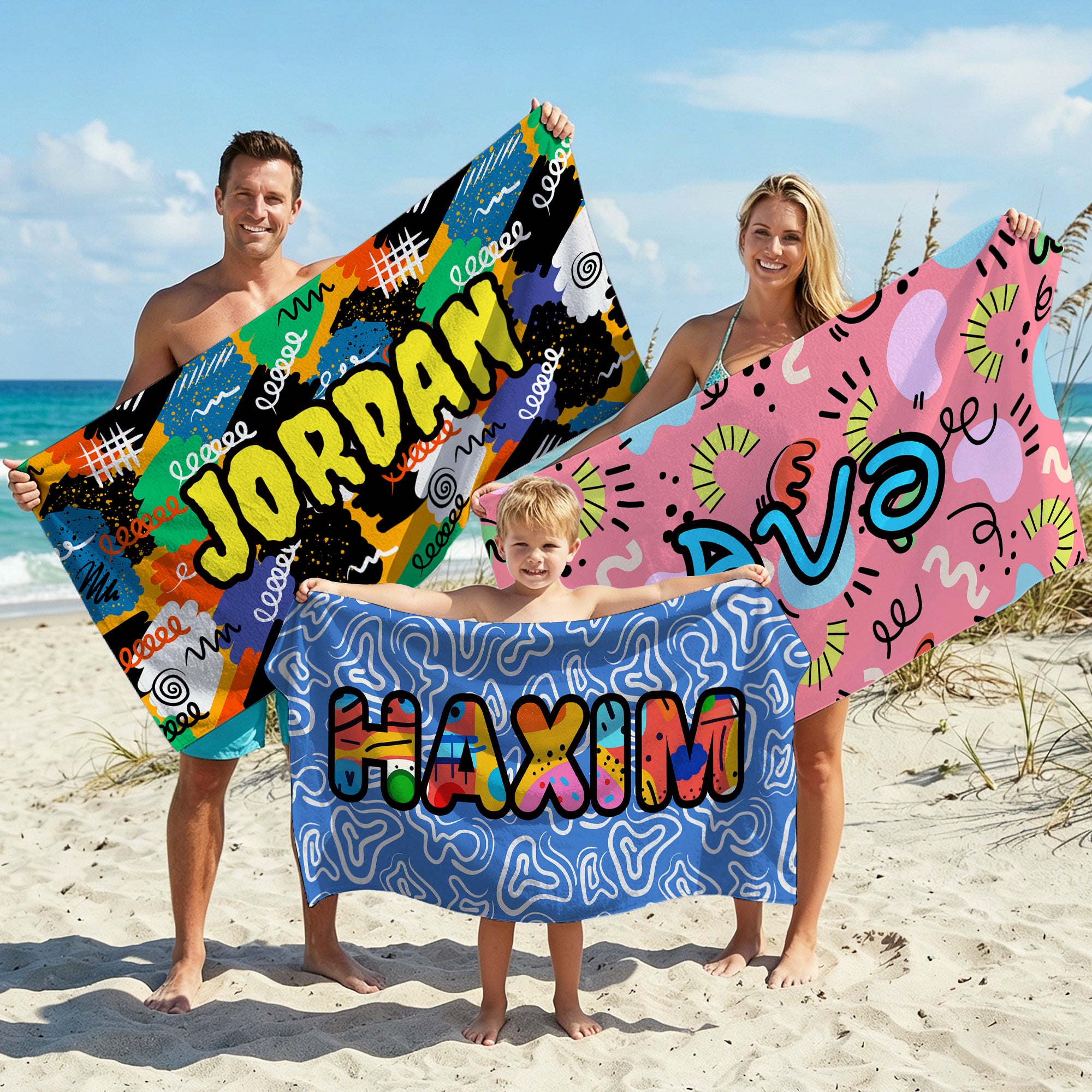 Toalla de playa personalizada de gran tamaño y secado rápido con diseño de graffiti abstracto y nombre Cumpleaños Fiesta en la playa Regalo para amigos Familia