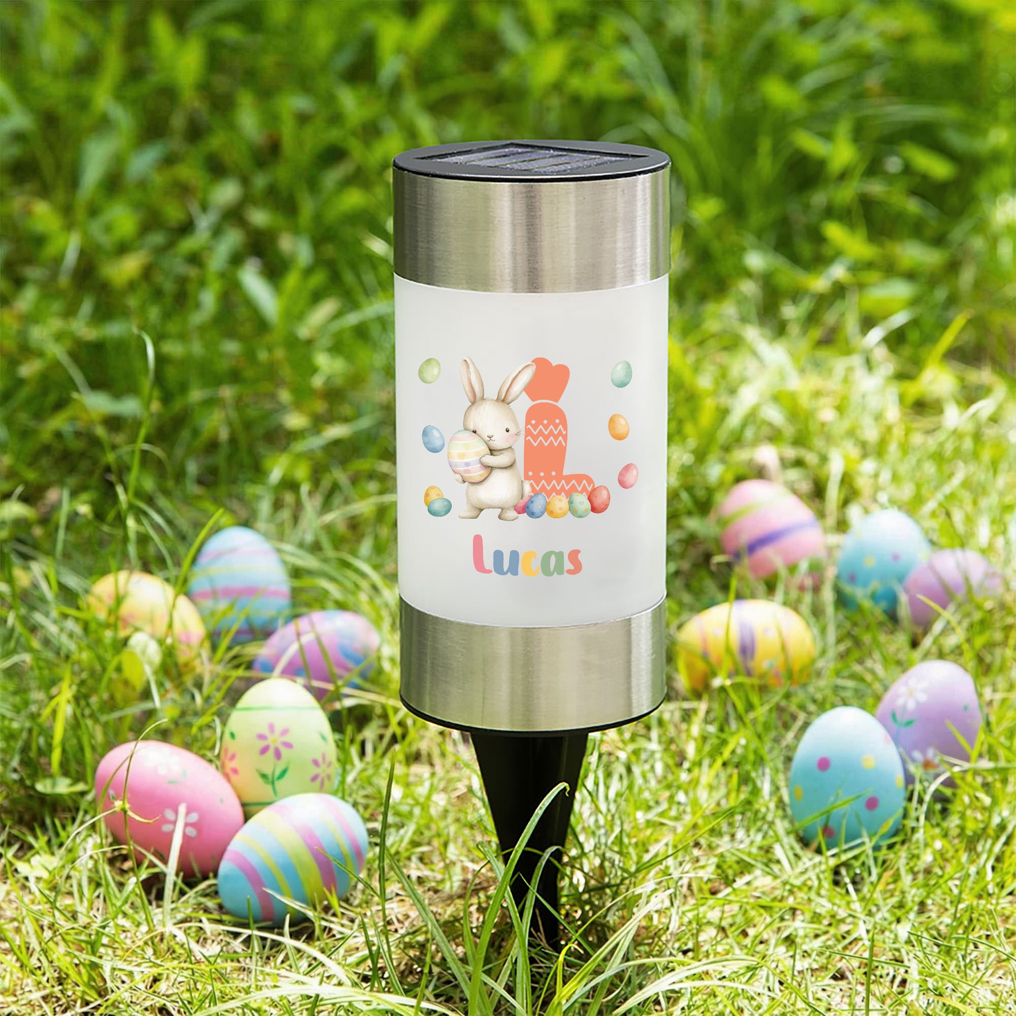 Linterna solar de jardín personalizada con nombre e inicial de conejito de huevo para uso diario Regalo de Pascua para la familia y los niños