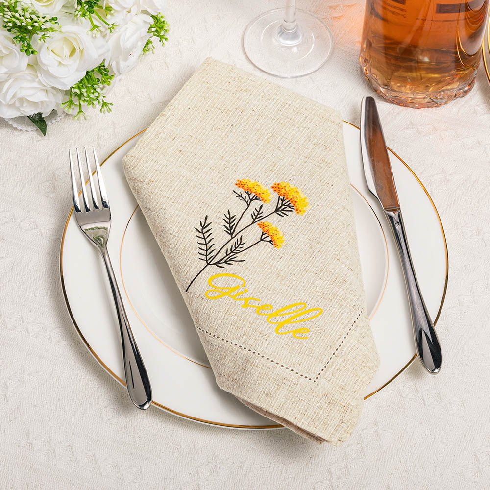 Pañuelo de Lino Personalizado con Flor de Nacimiento y Nombre Decoración de Mesa Día de la Madre Boda Cumpleaños Regalo para Ella