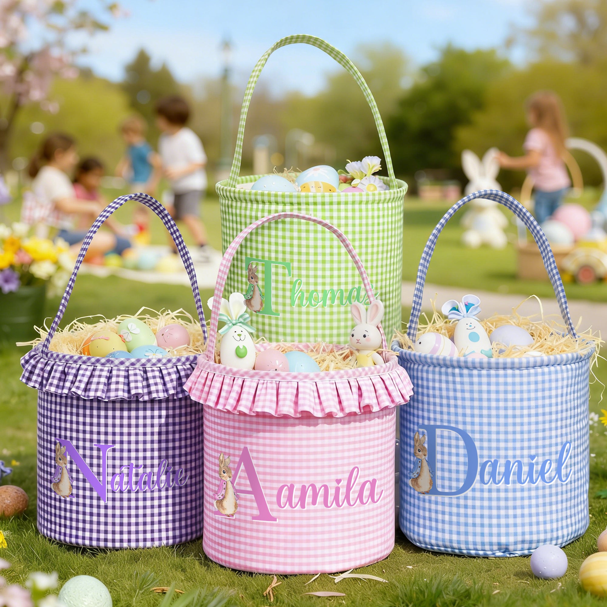 Personalizado lindo Peter Rabbit Plaid Cesta de Pascua con el nombre de Pascua Egg Hunt Pascua Regalo para Niños Niñas