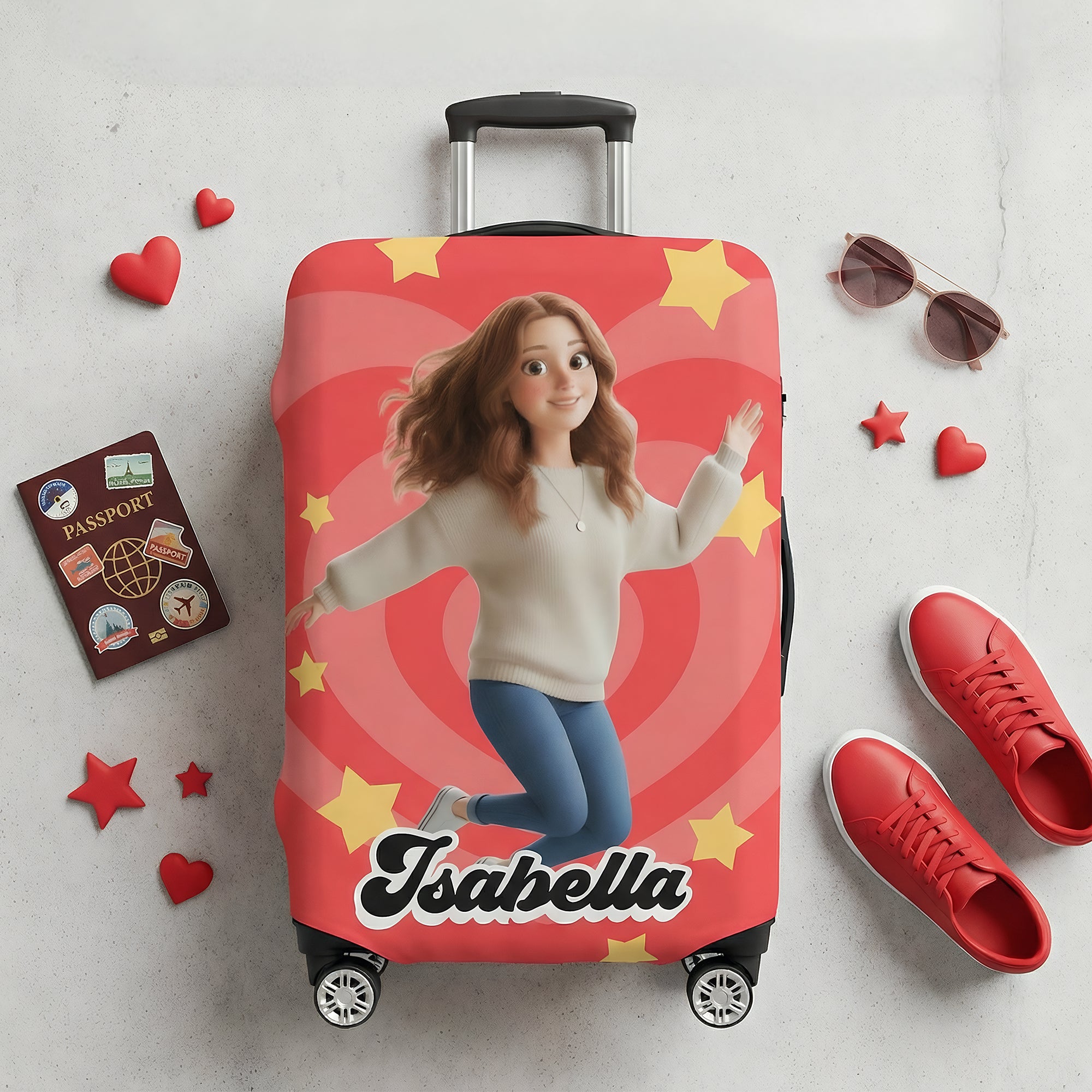 Funda de equipaje personalizada con foto de dibujos animados para maletas de 18-32 pulgadas con nombre Regalo de cumpleaños para viajeros