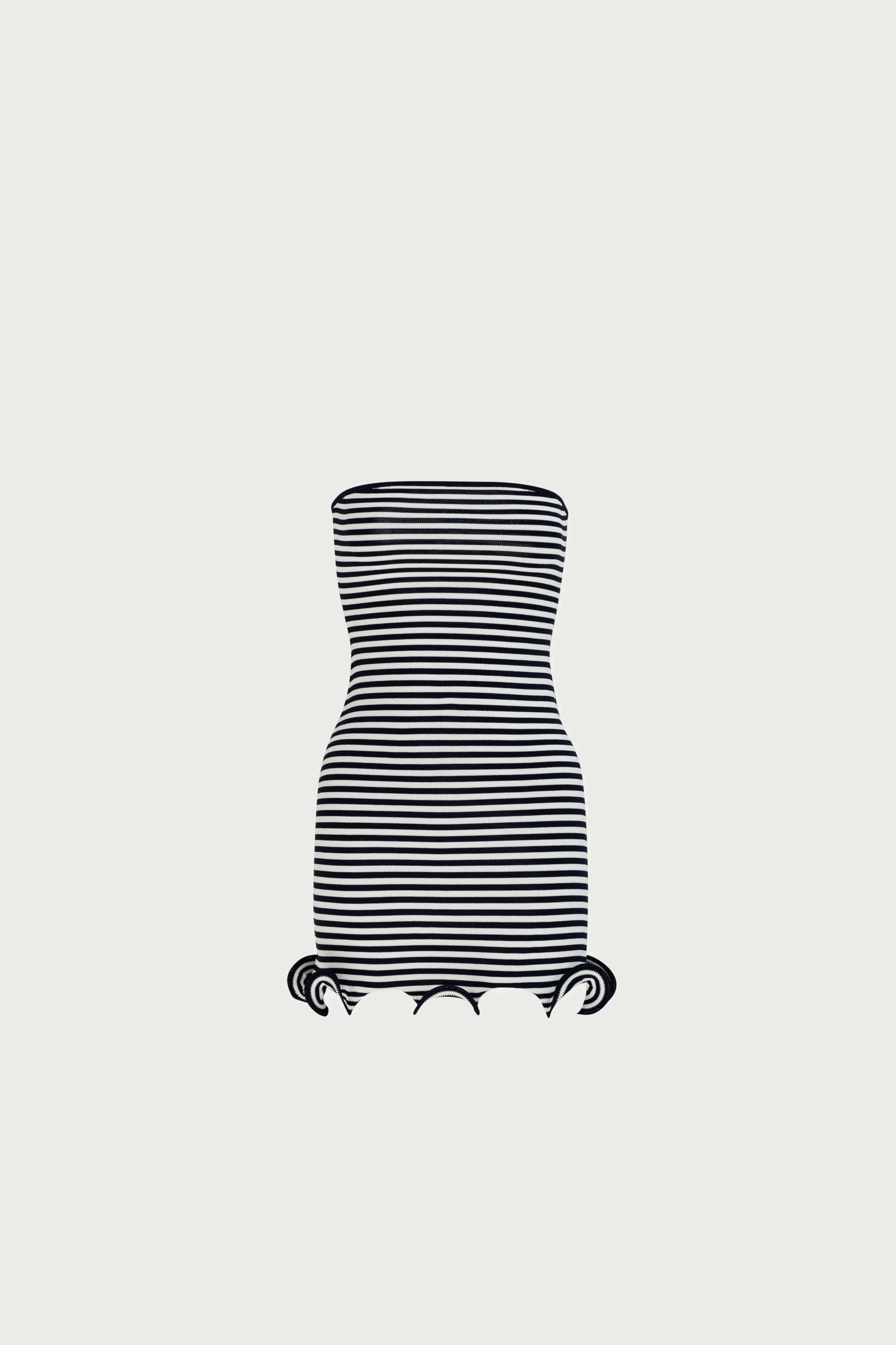 Ruffle Hem Strapless Mini Dress (Navy Stripe)
