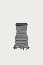Ruffle Hem Strapless Mini Dress (Navy Stripe)