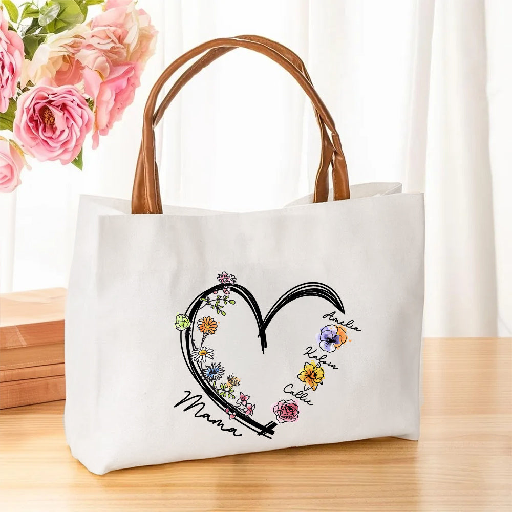 Bolsa de lona personalizada con los nombres de 1 a 6 niños y asa de piel Regalo de cumpleaños para el Día de la Madre para la abuela y la mamá