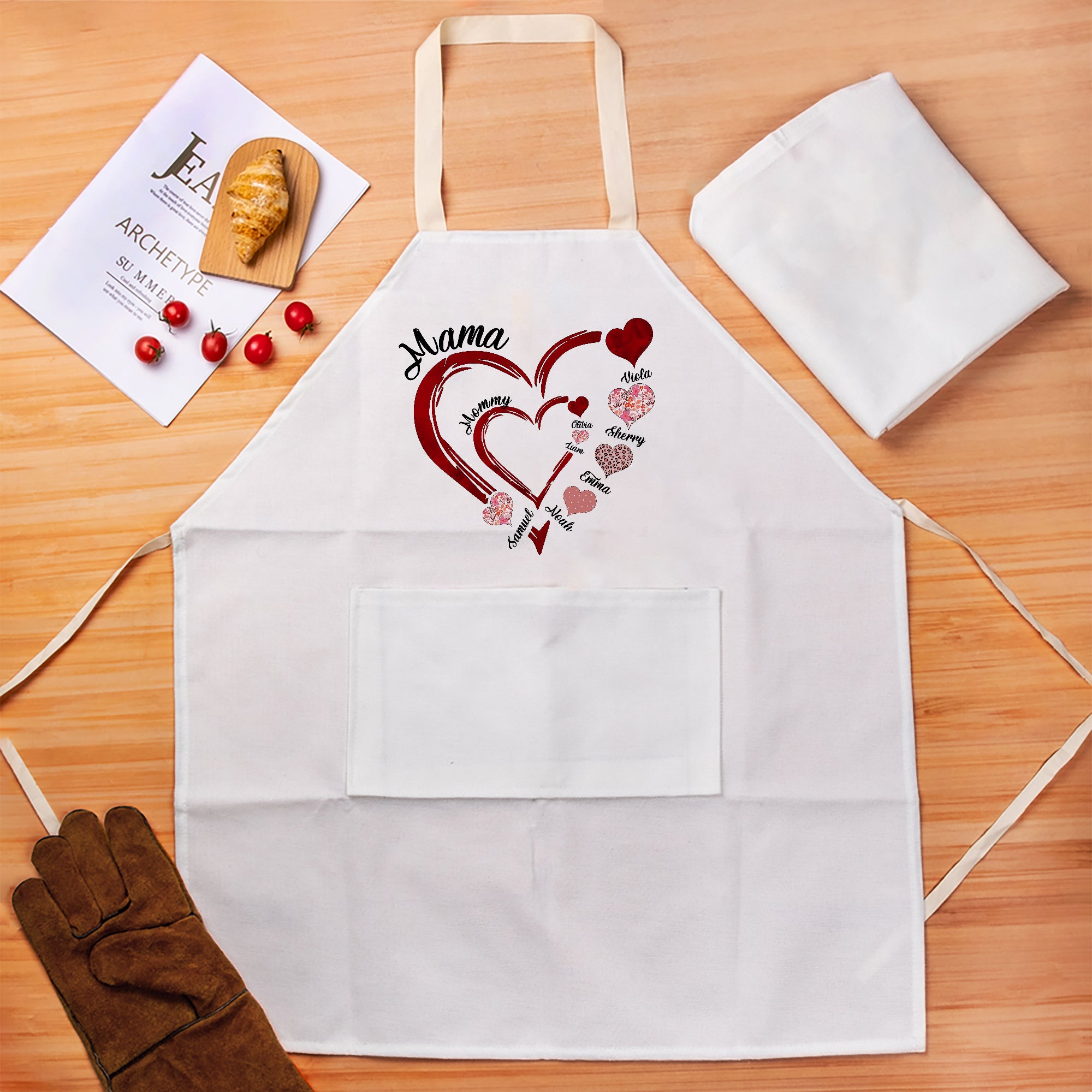 Delantal de cocina personalizado de doble capa con el nombre del niño y bolsillo Día de la Madre Regalo de Navidad para la abuela Niños